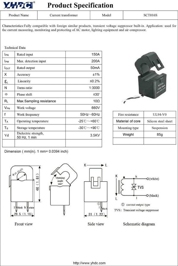 YHDC SCT016S 200A:100mA Split Core Current Transformer - Image 2